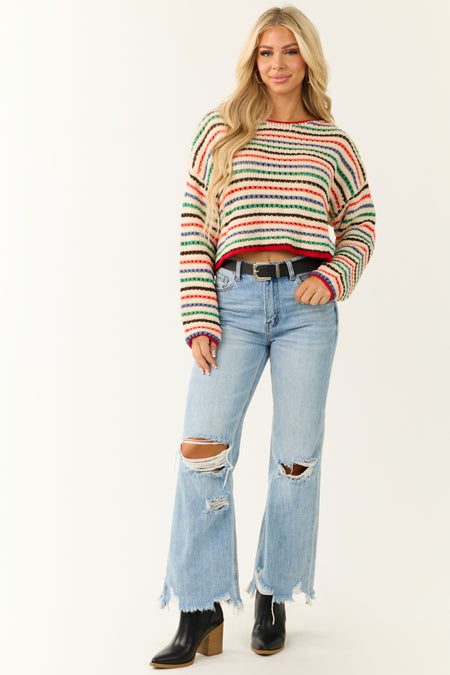 Cream Multicolor Striped Open Crochet Sweater