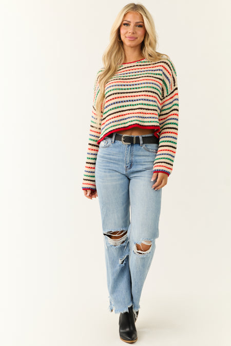 Cream Multicolor Striped Open Crochet Sweater