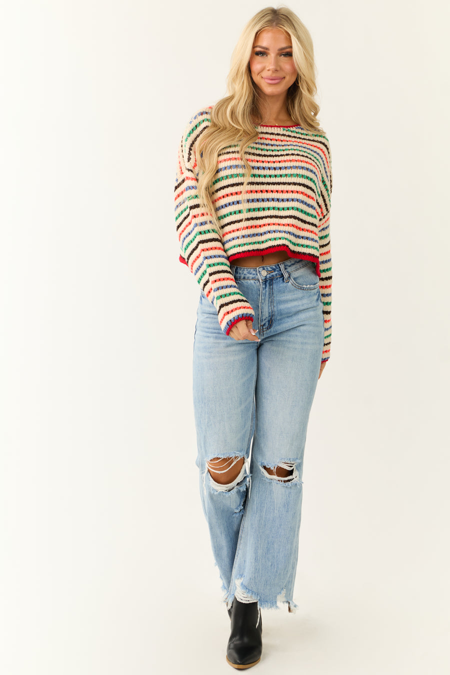 Cream Multicolor Striped Open Crochet Sweater