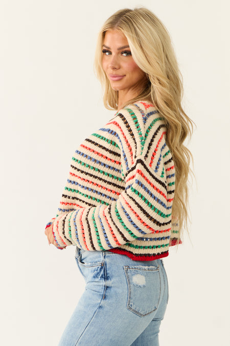 Cream Multicolor Striped Open Crochet Sweater