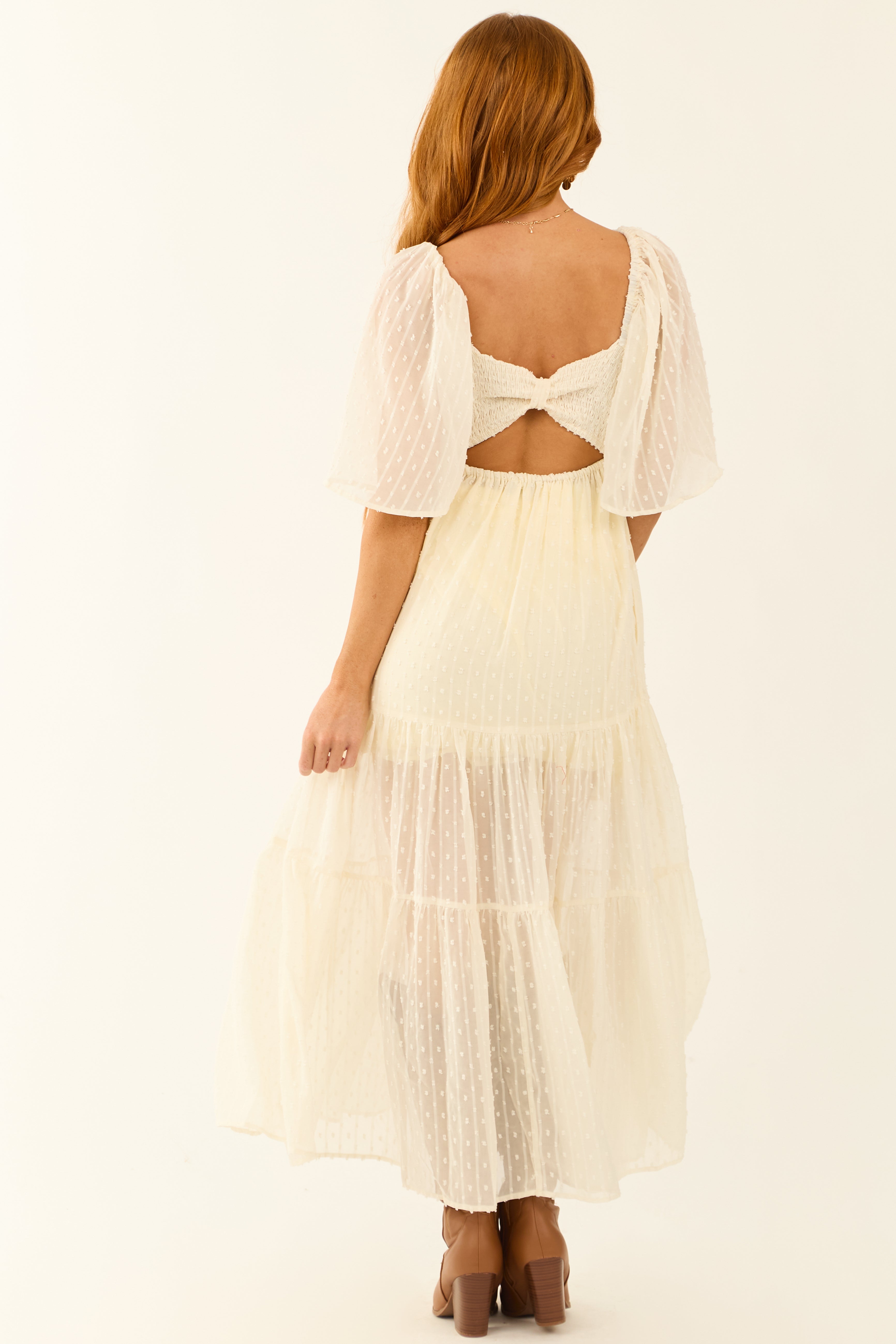 Cream Off the Shoulder Swiss Dot Midi Dress