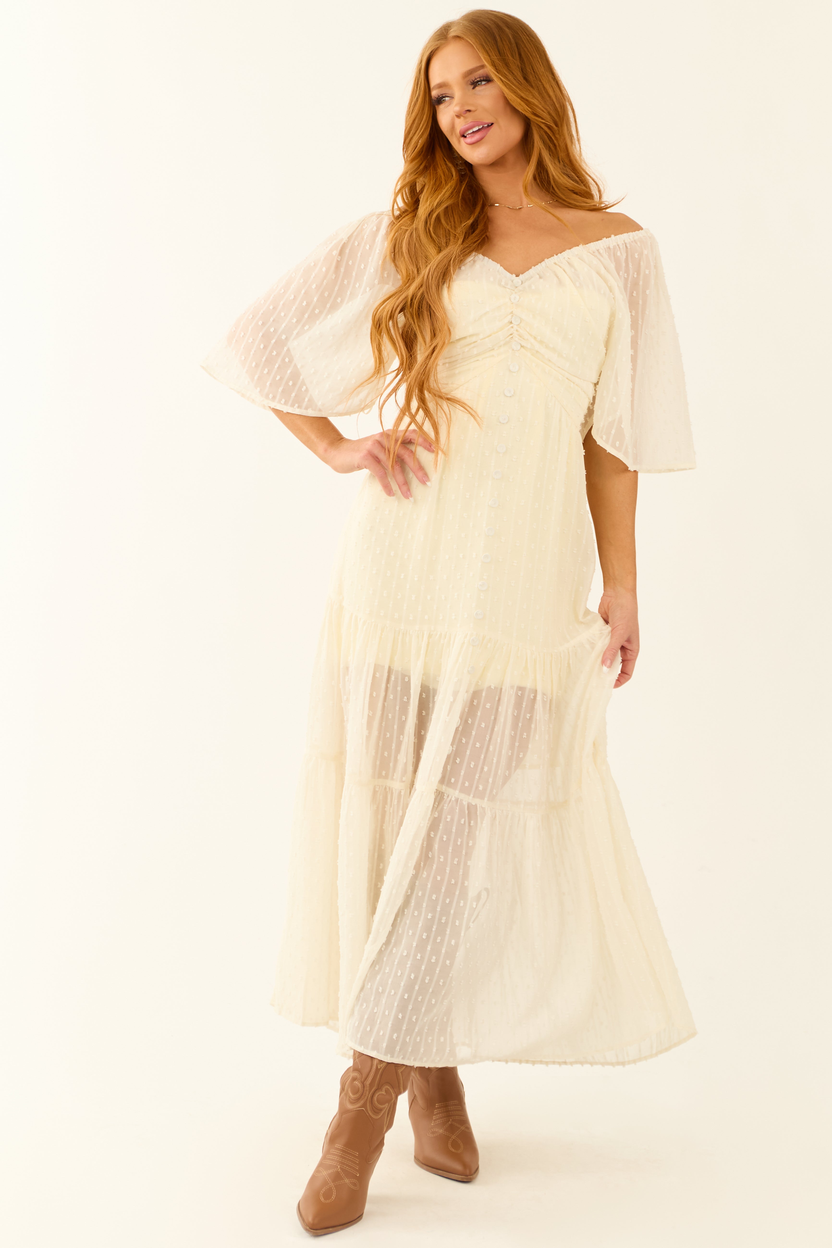 Cream Off the Shoulder Swiss Dot Midi Dress