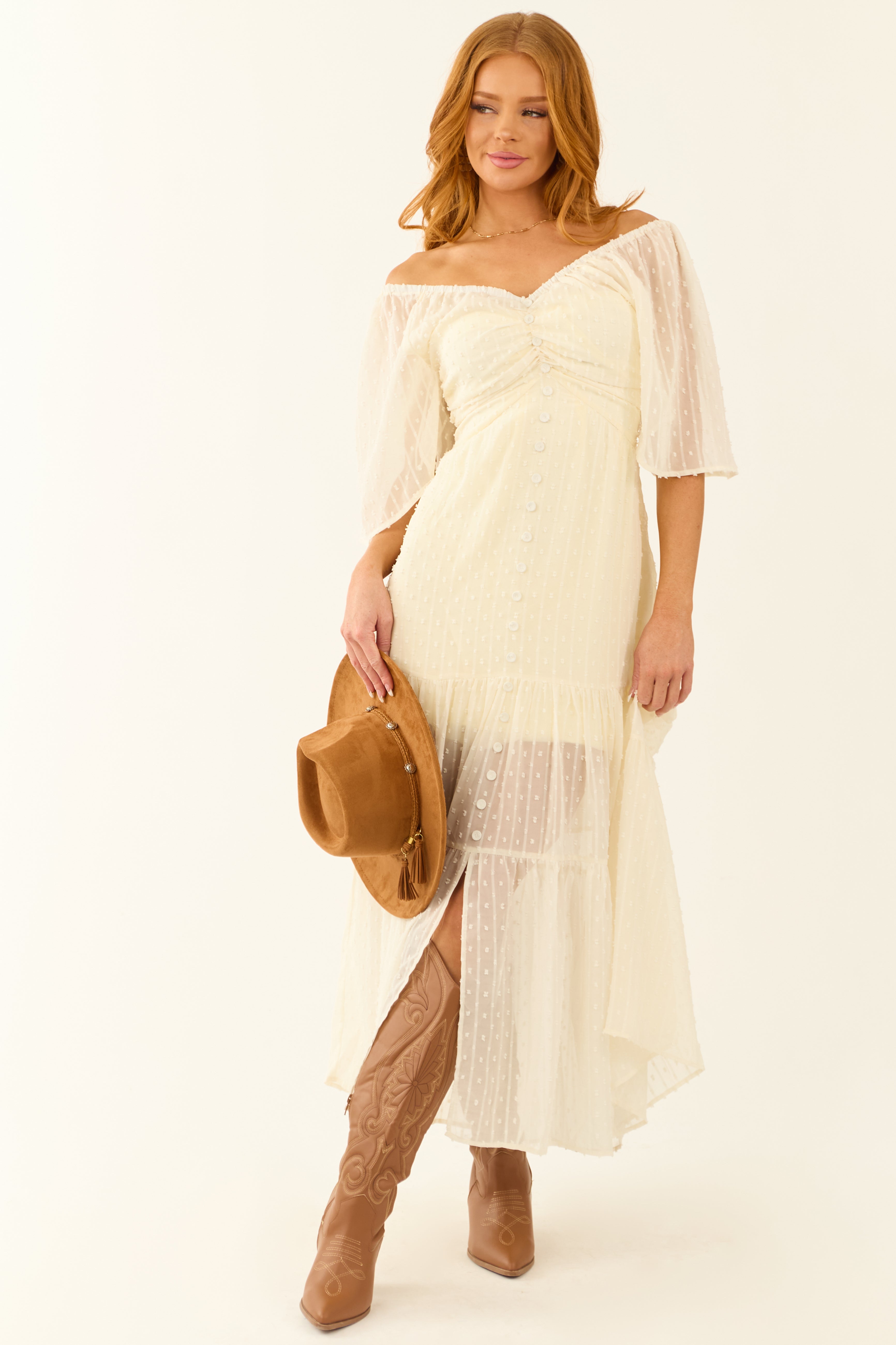 Cream Off the Shoulder Swiss Dot Midi Dress