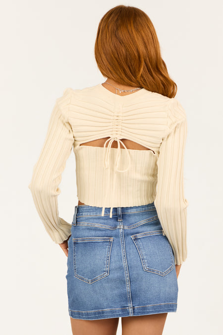 Cream Open Back Ribbed Long Sleeve Cropped Top