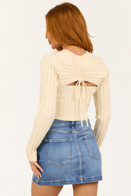 Cream Open Back Ribbed Long Sleeve Cropped Top