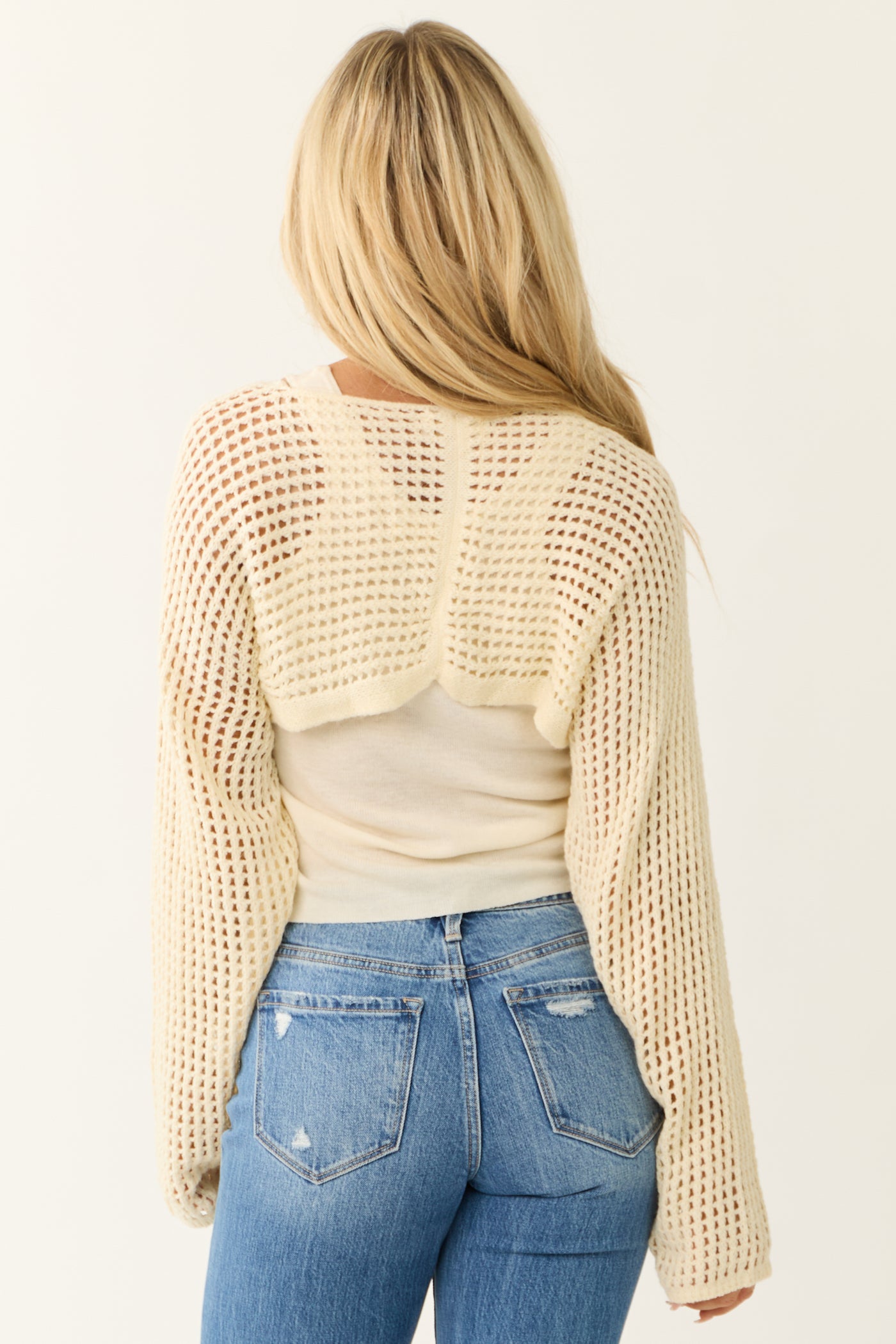 Cream Open Crochet Cropped Cardigan with Tank Top