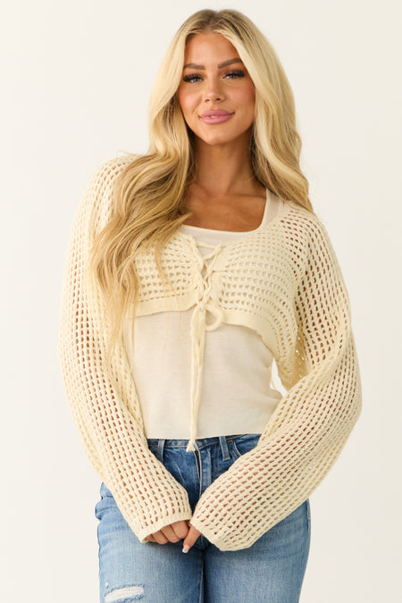 Cream Open Crochet Cropped Cardigan with Tank Top