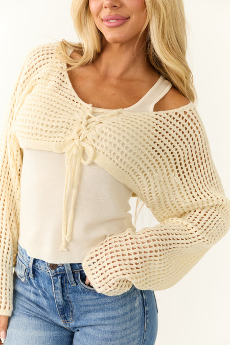 Cream Open Crochet Cropped Cardigan with Tank Top