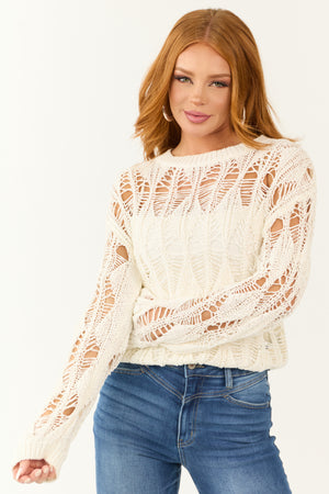 Cream Open Crochet Long Sleeve Sweater