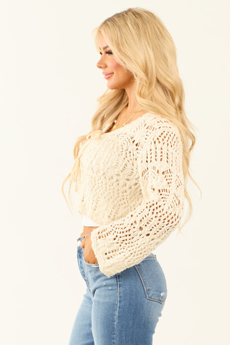 Cream Open Knit Two Tie Long Sleeve Cardigan