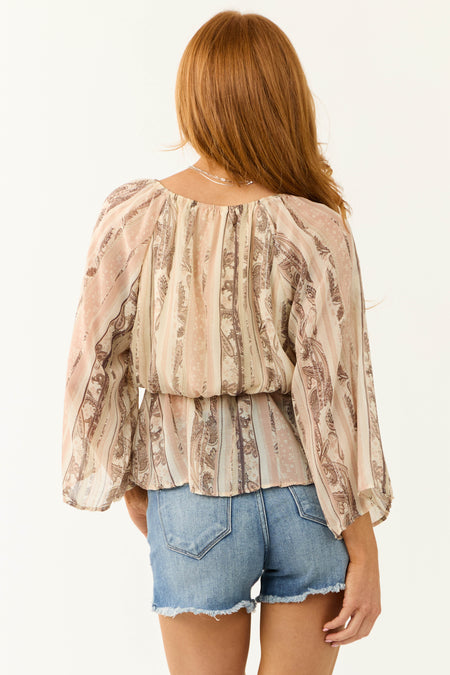 Cream Paisley Print Front Tie 3/4 Sleeve Top