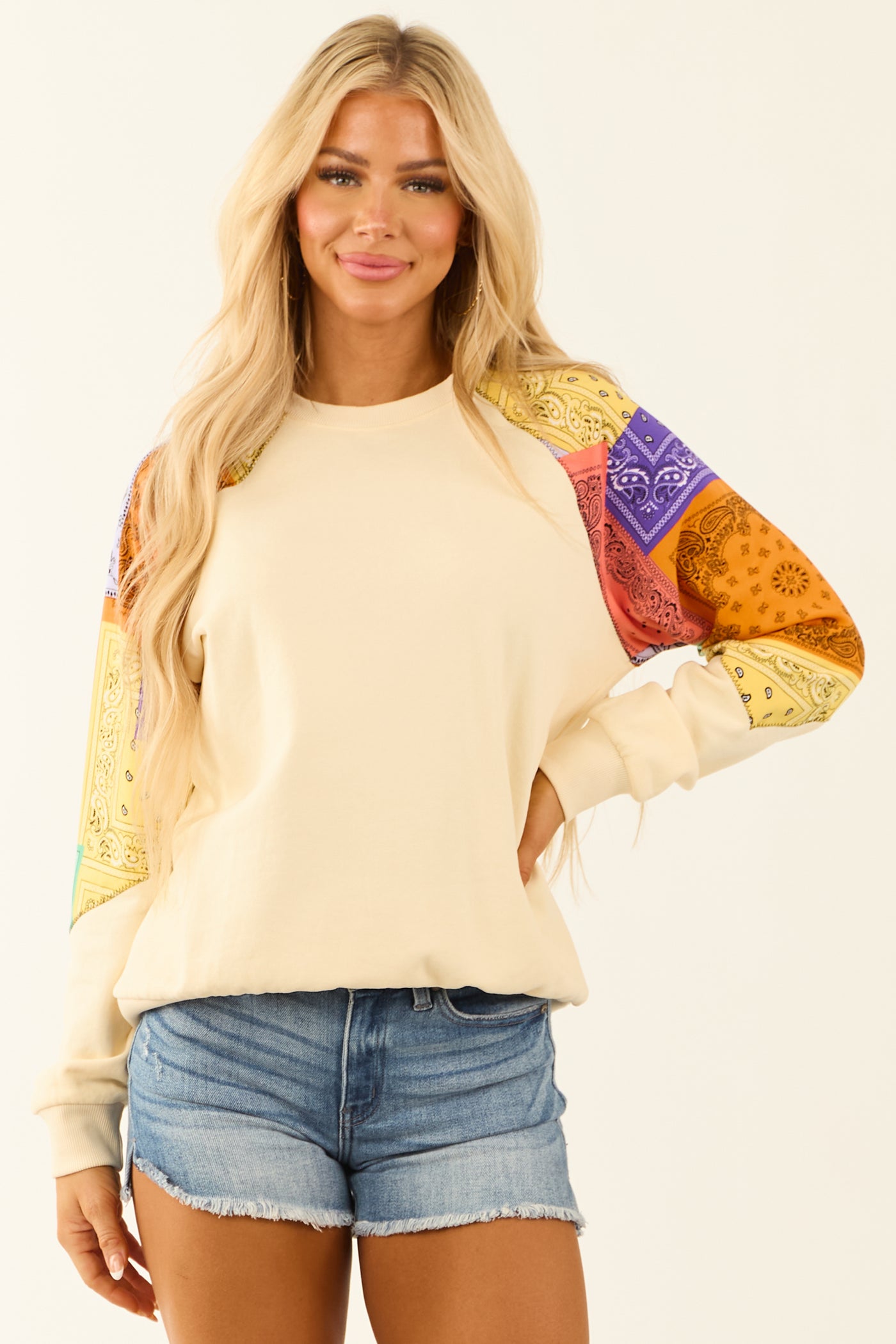 Cream Patchwork Bandana Print Long Sleeve Sweatshirt