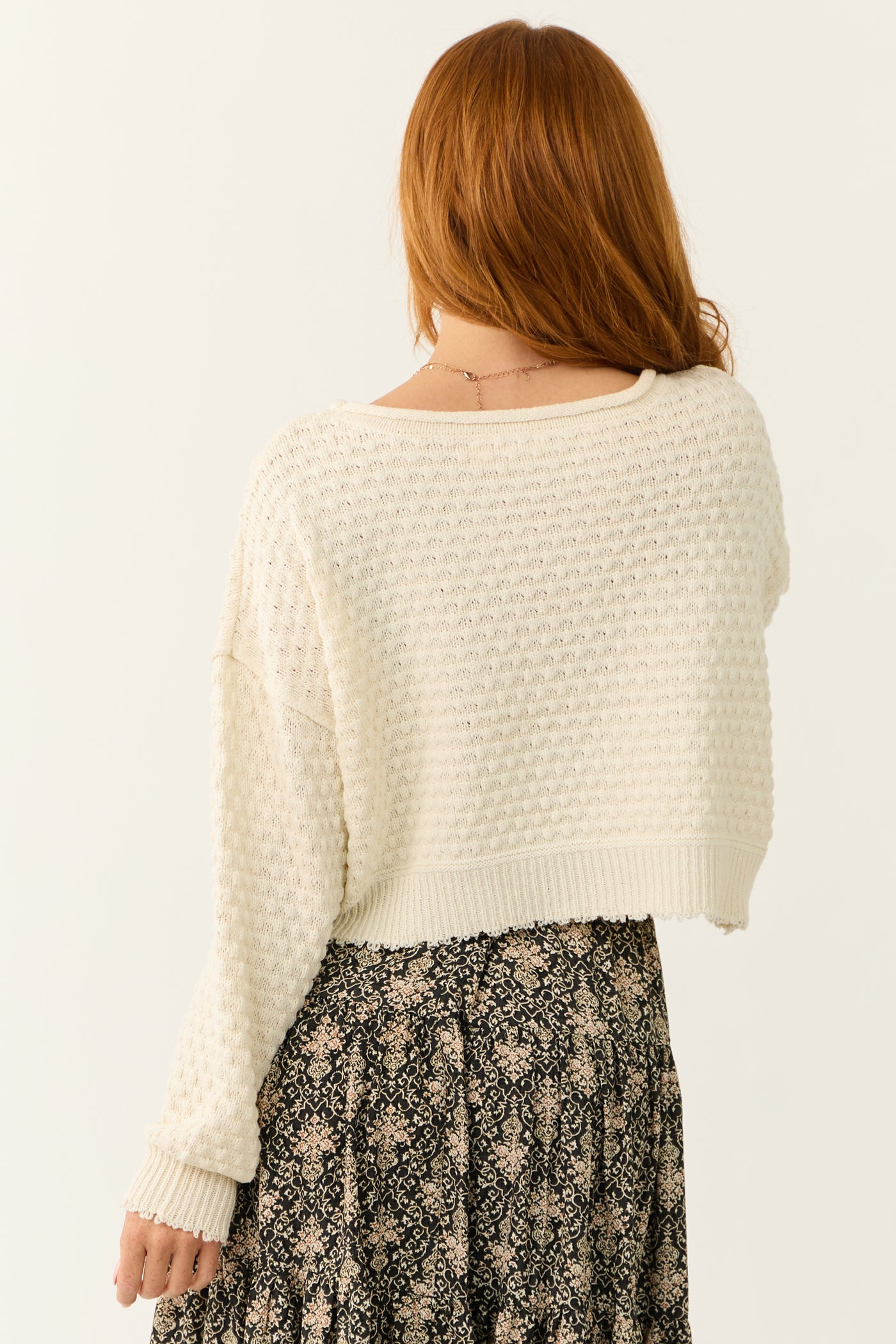 Cream Patterned Knit Mid Length Sweater