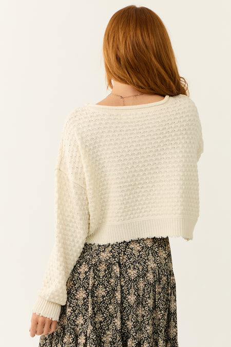 Cream Patterned Knit Mid Length Sweater