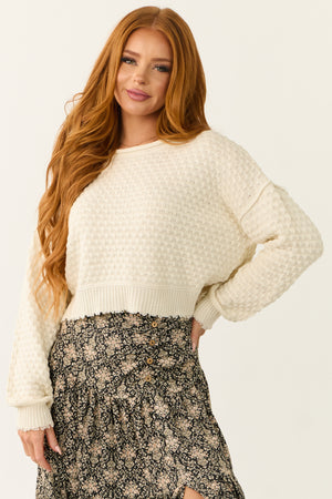 Cream Patterned Knit Mid Length Sweater