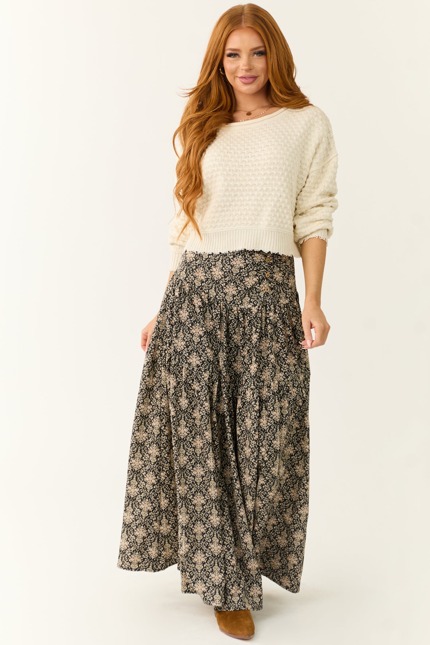 Cream Patterned Knit Mid Length Sweater