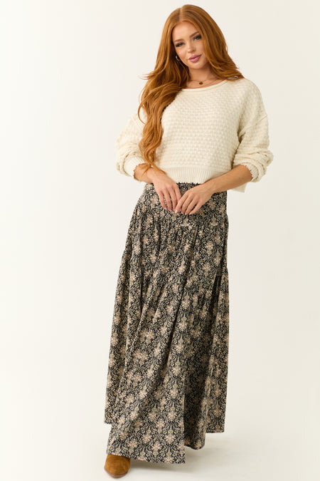 Cream Patterned Knit Mid Length Sweater