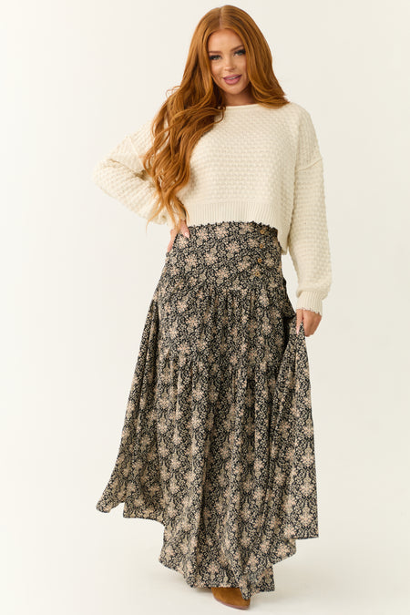 Cream Patterned Knit Mid Length Sweater