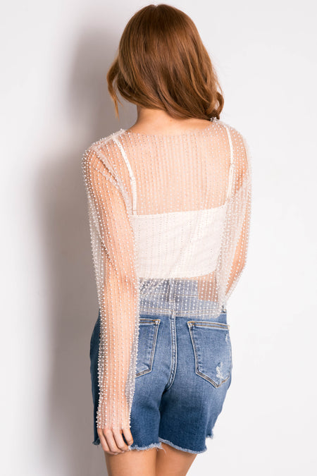 Cream Pearl Bead Long Sleeve Mesh Top