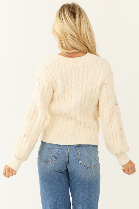 Cream Pearl Detailed Cable Knit Sweater