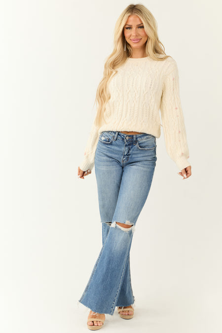 Cream Pearl Detailed Cable Knit Sweater