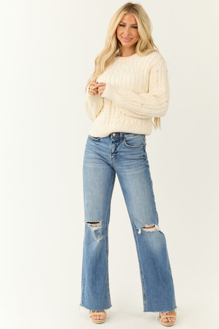 Cream Pearl Detailed Cable Knit Sweater