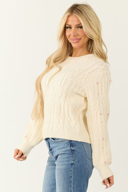 Cream Pearl Detailed Cable Knit Sweater