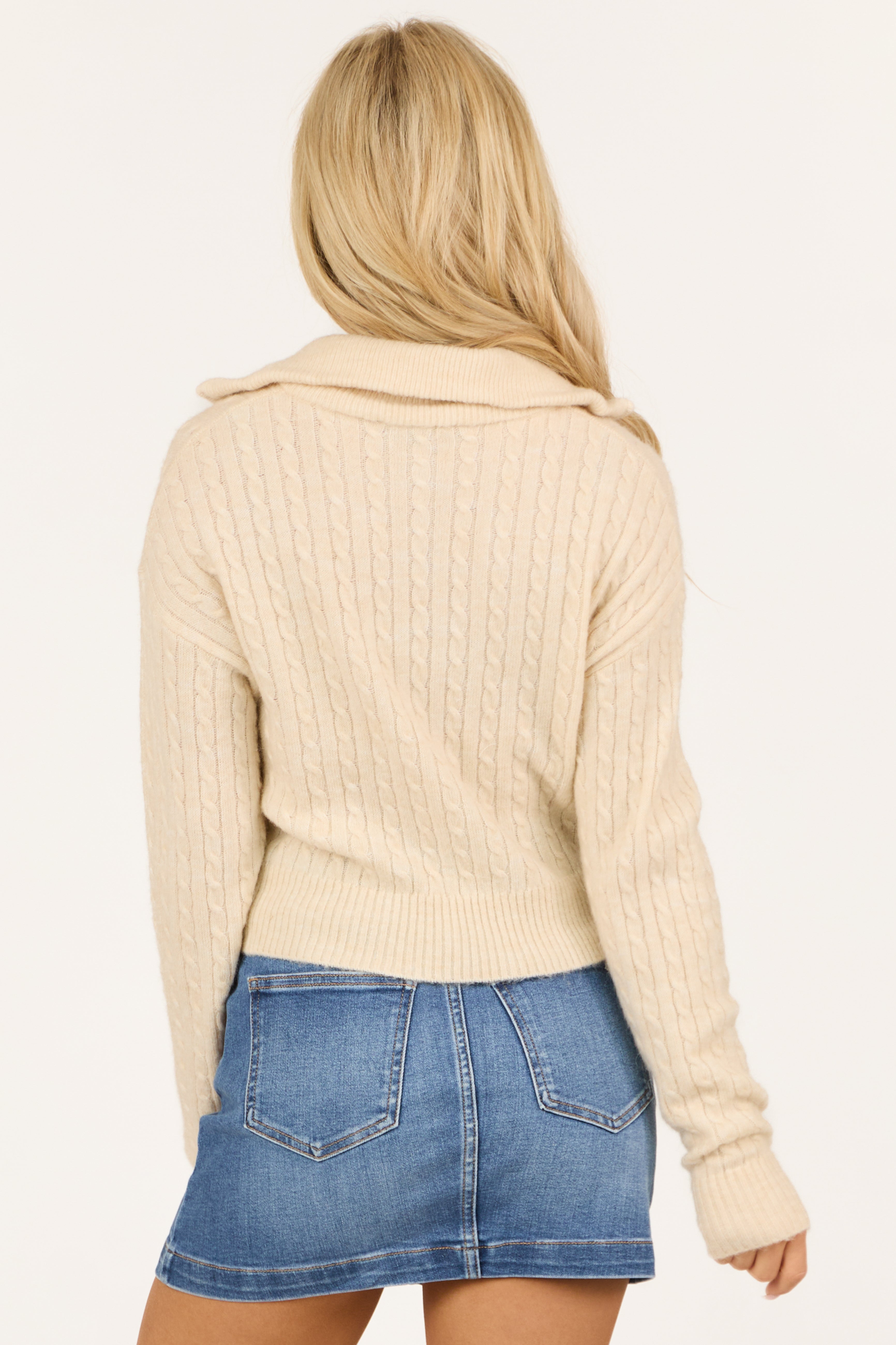 Cream Quarter Zip Up Collared Long Sleeve Sweater