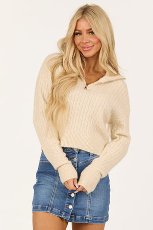 Cream Quarter Zip Up Collared Long Sleeve Sweater