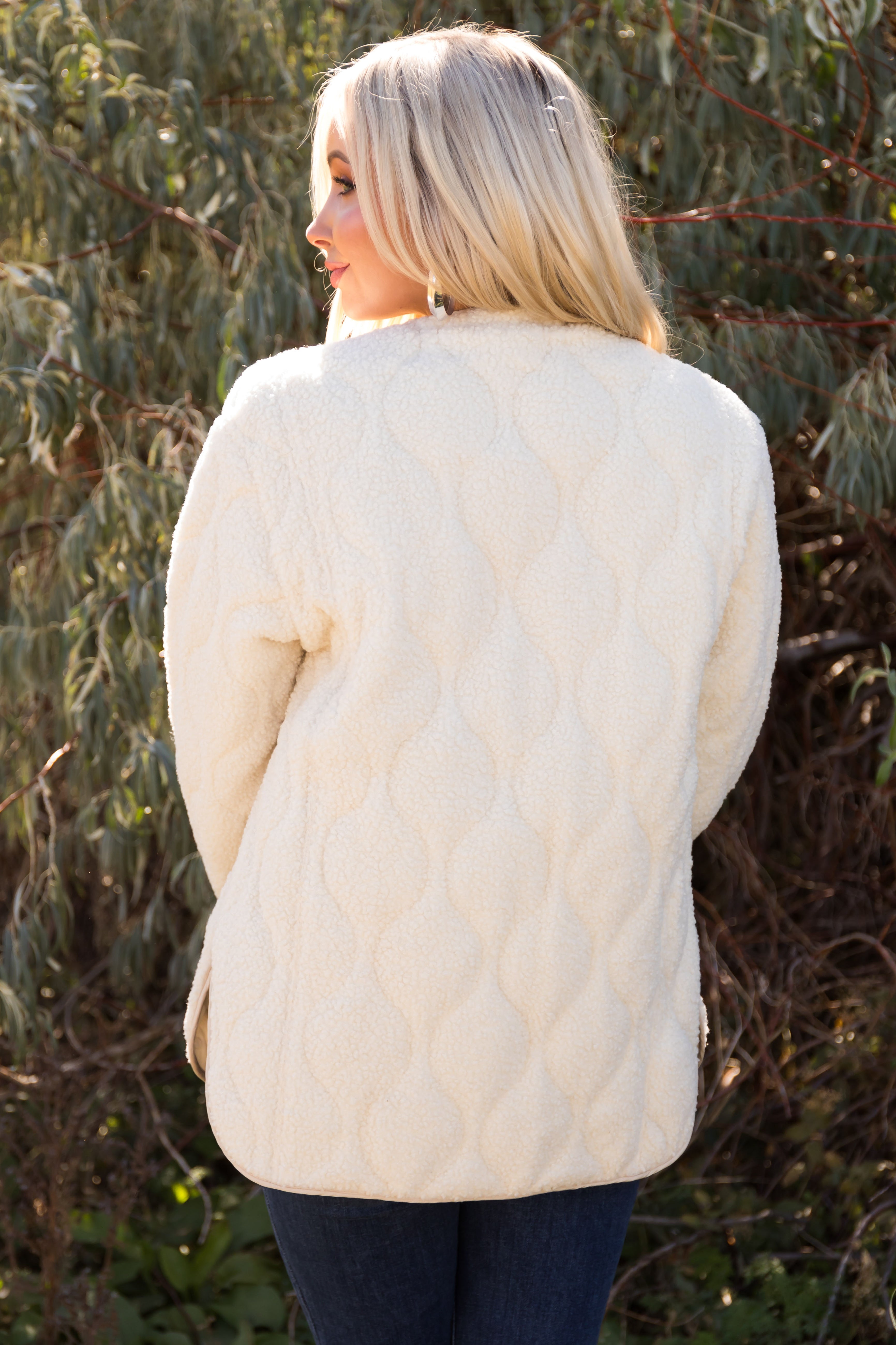 Cream Quilted Button Down Sherpa Jacket