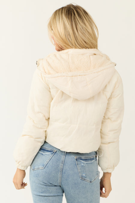 Cream Reversible Sherpa Zip Up Hooded Jacket