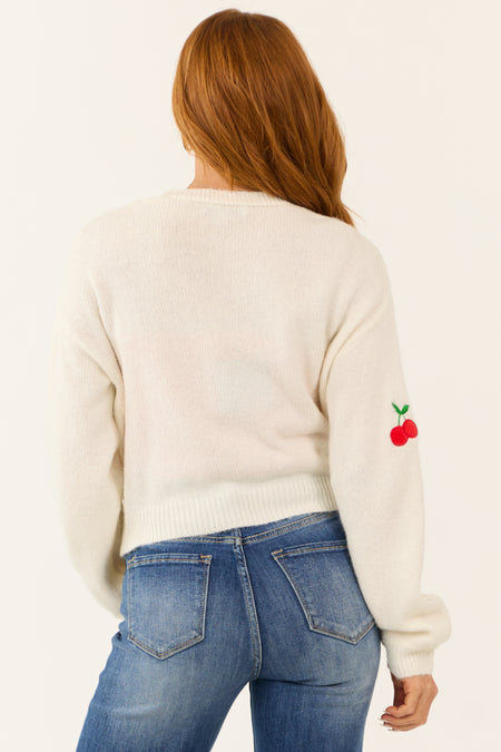 Cream Ribbed Knit Cherry Pattern Cardigan