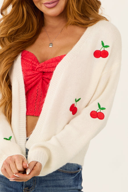 Cream Ribbed Knit Cherry Pattern Cardigan