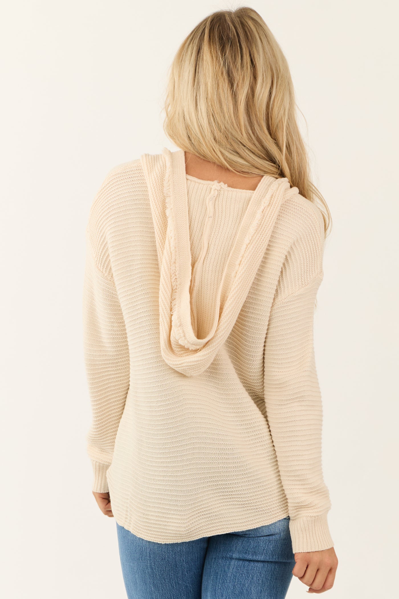 Cream Ribbed Knit Fringe Neckline Hooded Sweater