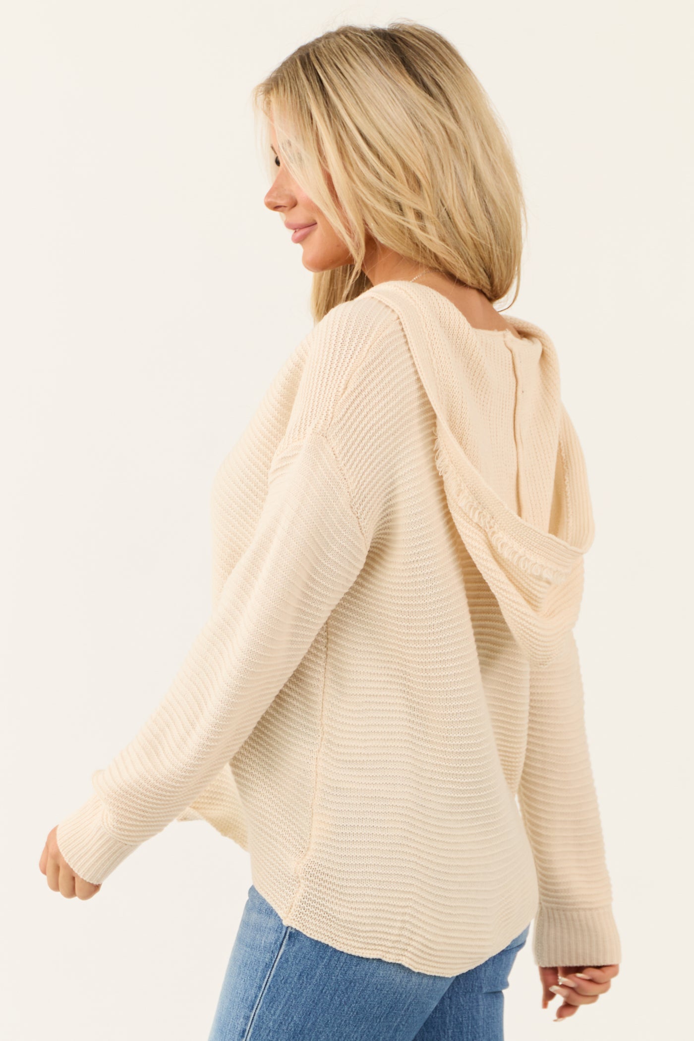 Cream Ribbed Knit Fringe Neckline Hooded Sweater