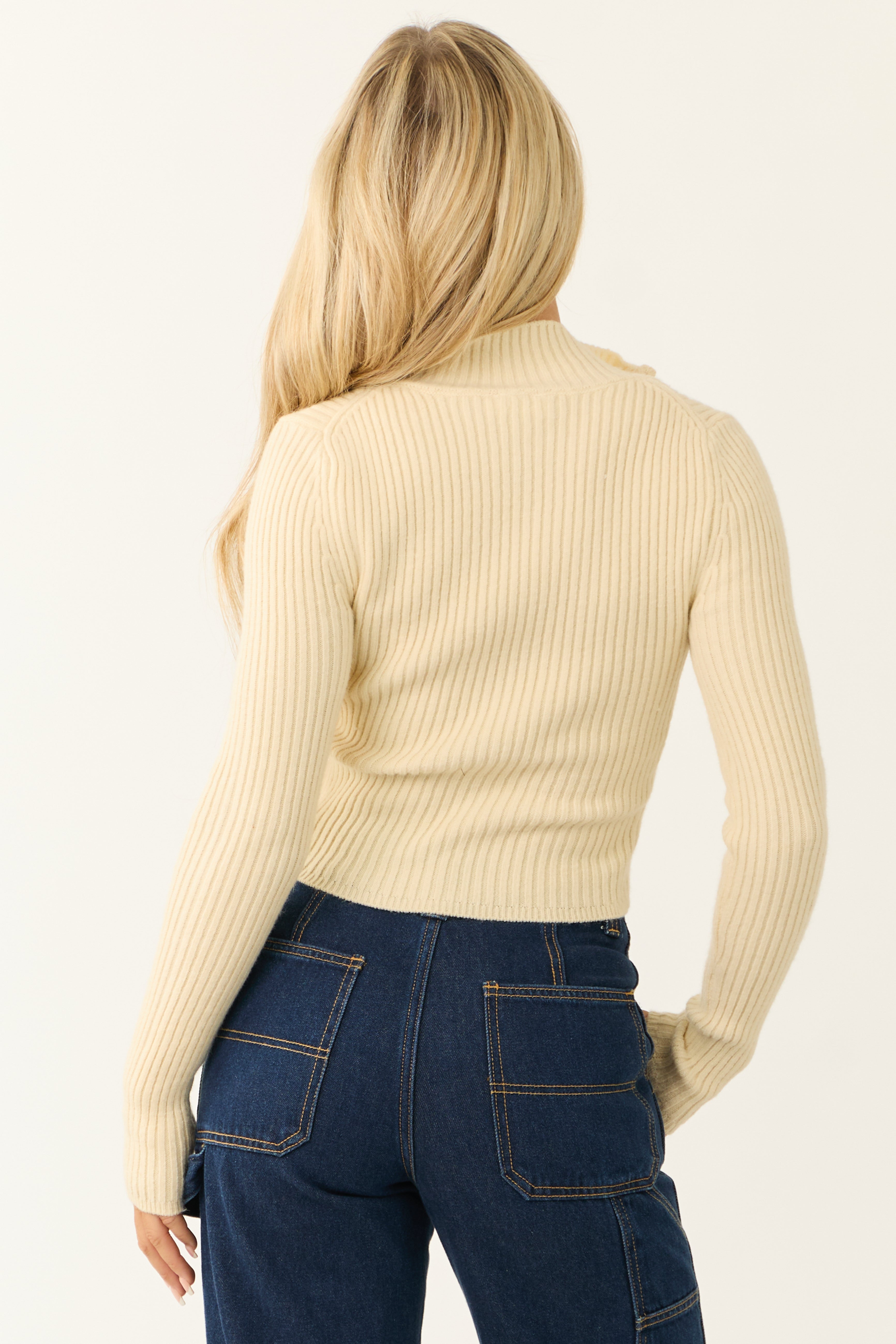 Cream Ribbed Knit Half Zip Fitted Top