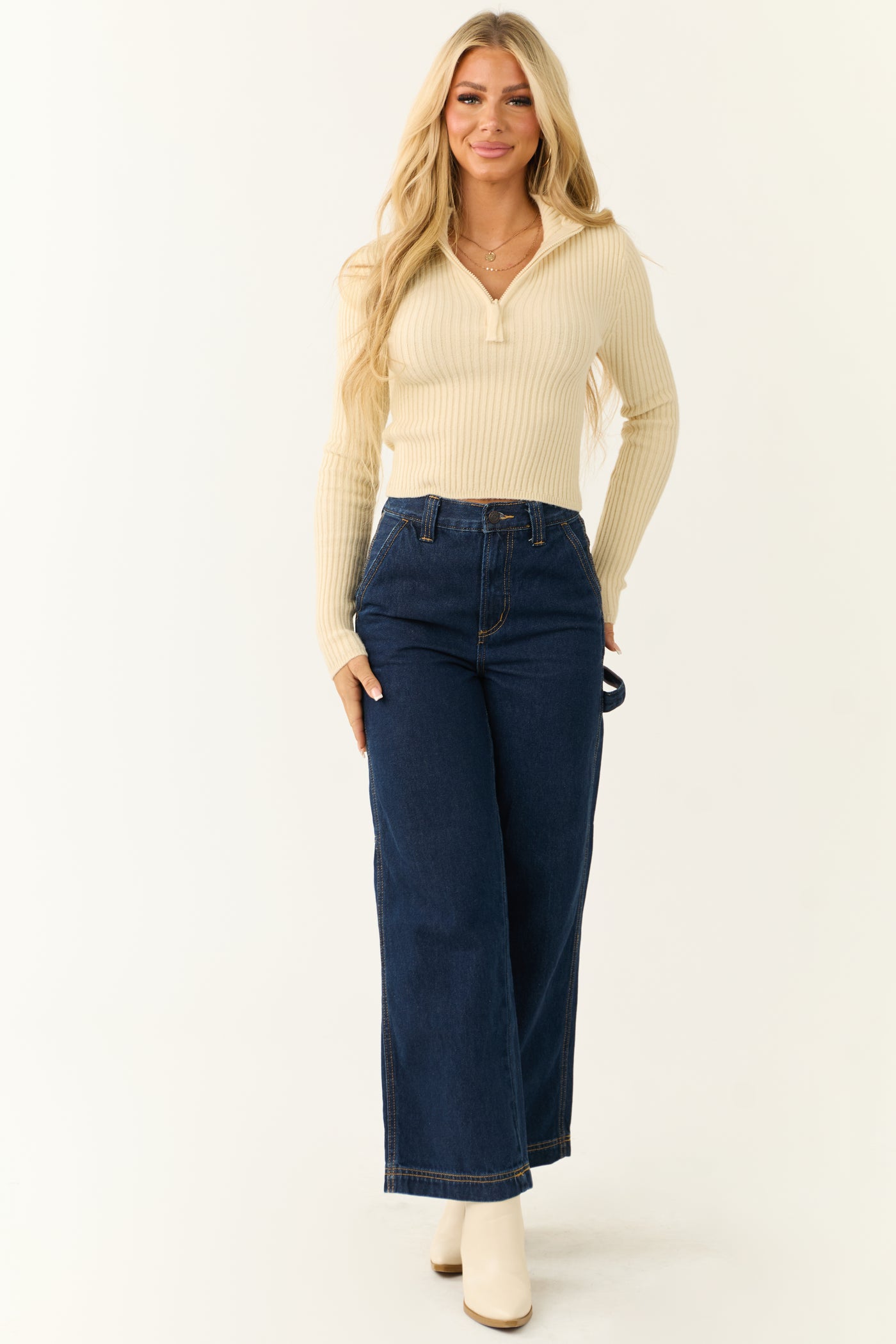 Cream Ribbed Knit Half Zip Fitted Top