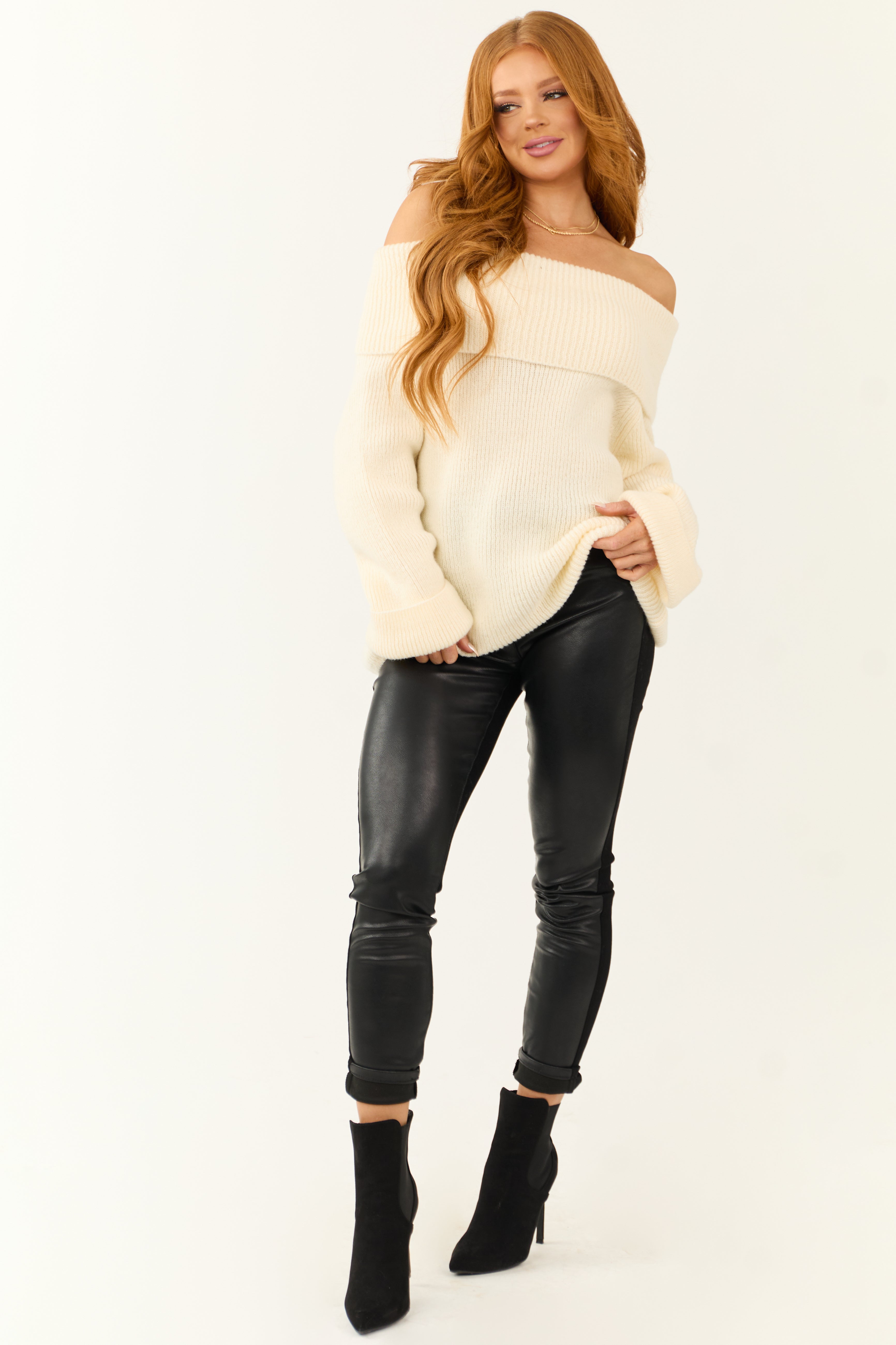 Cream Ribbed Knit Off Shoulder Oversized Sweater