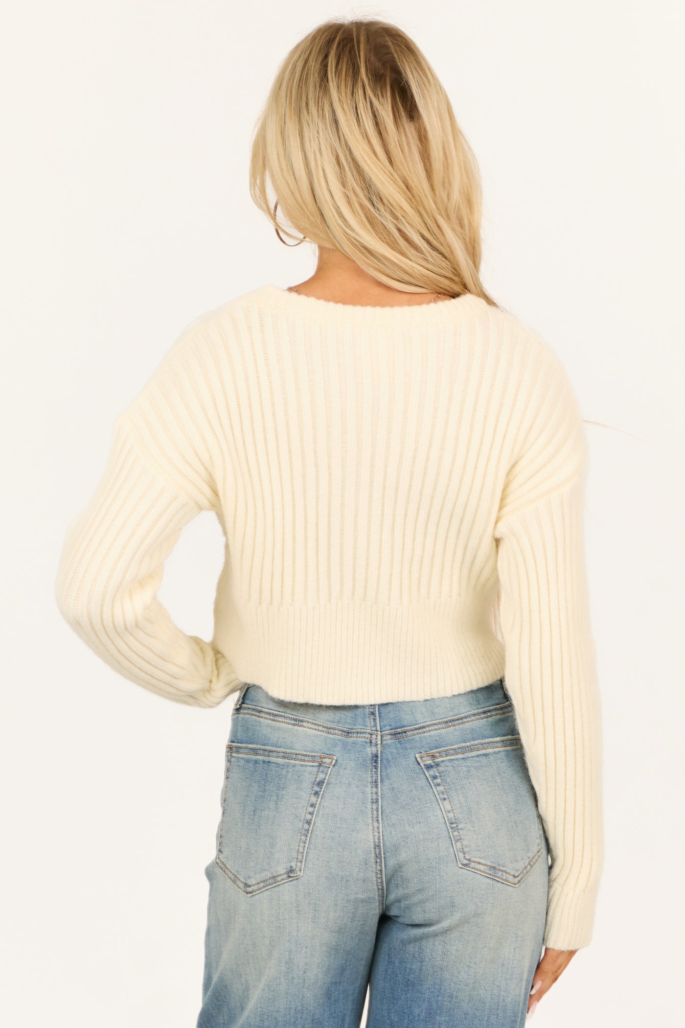 Cream Ribbed and Cable Knit Long Sleeve Sweater