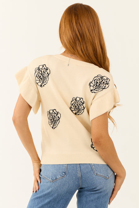 Cream Rose Print Short Ruffle Sleeve Sweater Top