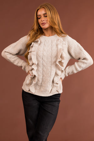 Cream Ruffle Detail Cable Knit Sweater