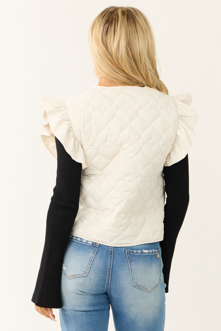 Cream Ruffle Strap Zip Up Quilted Puffer Vest