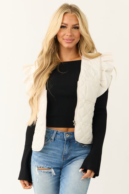 Cream Ruffle Strap Zip Up Quilted Puffer Vest