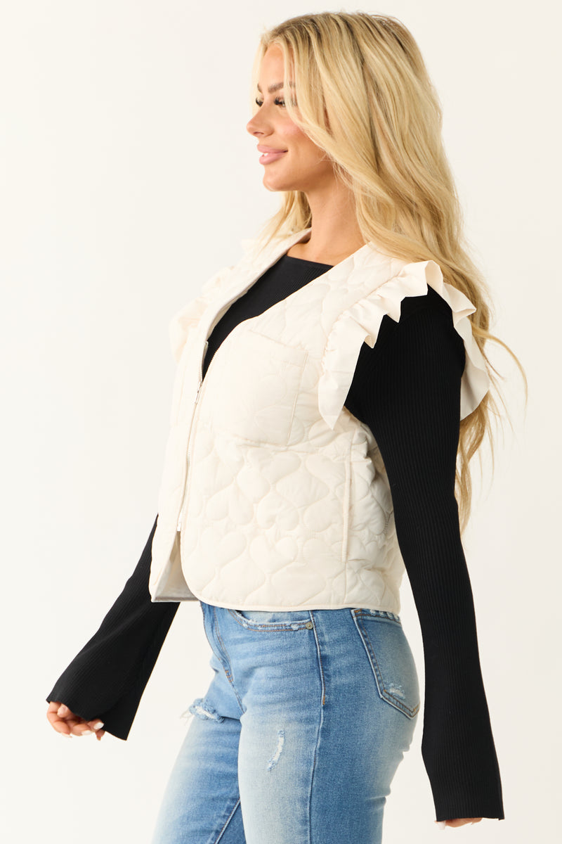 Cream Ruffle Strap Zip Up Quilted Puffer Vest