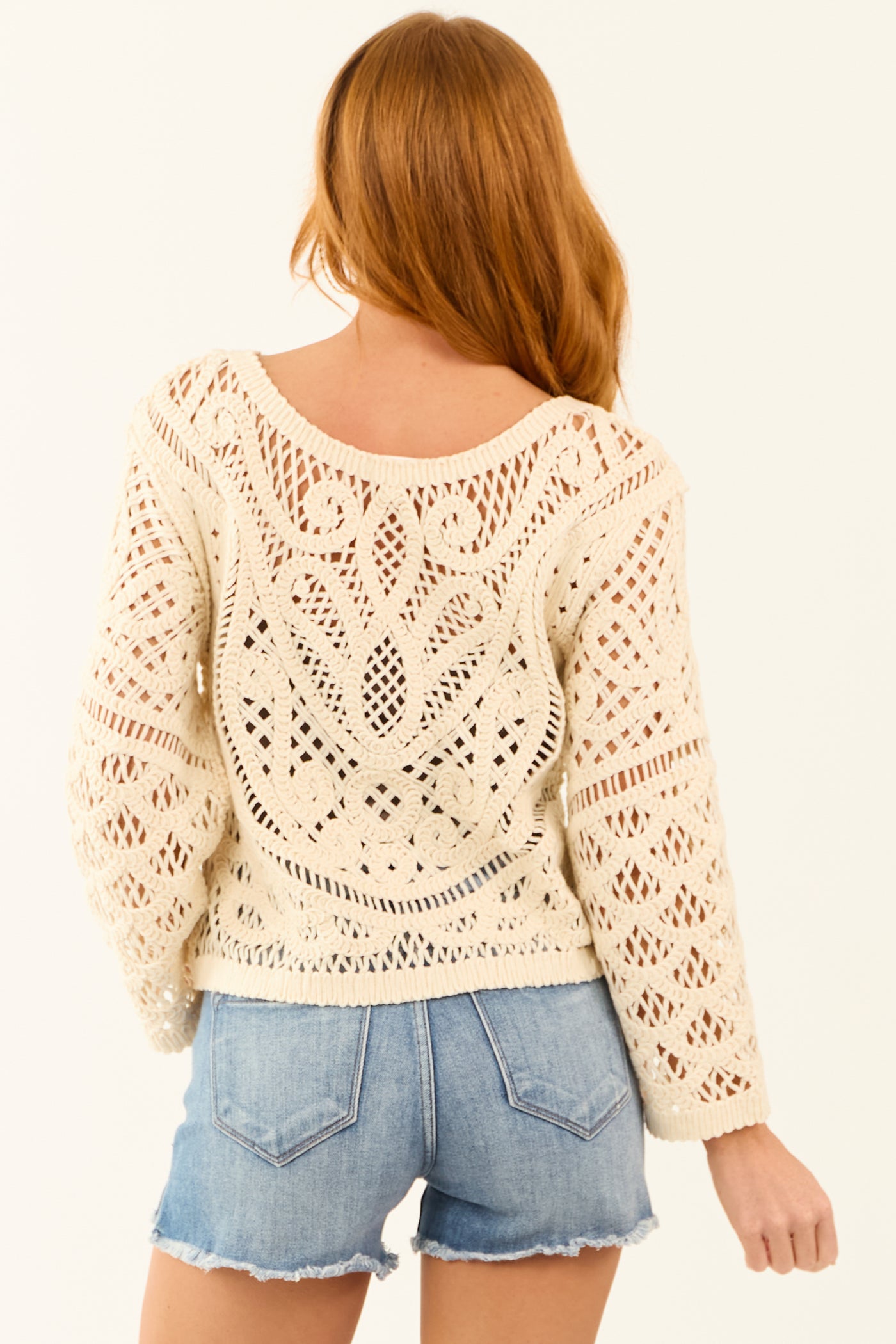 Cream Sheer Crochet Lace Long Sleeve Top