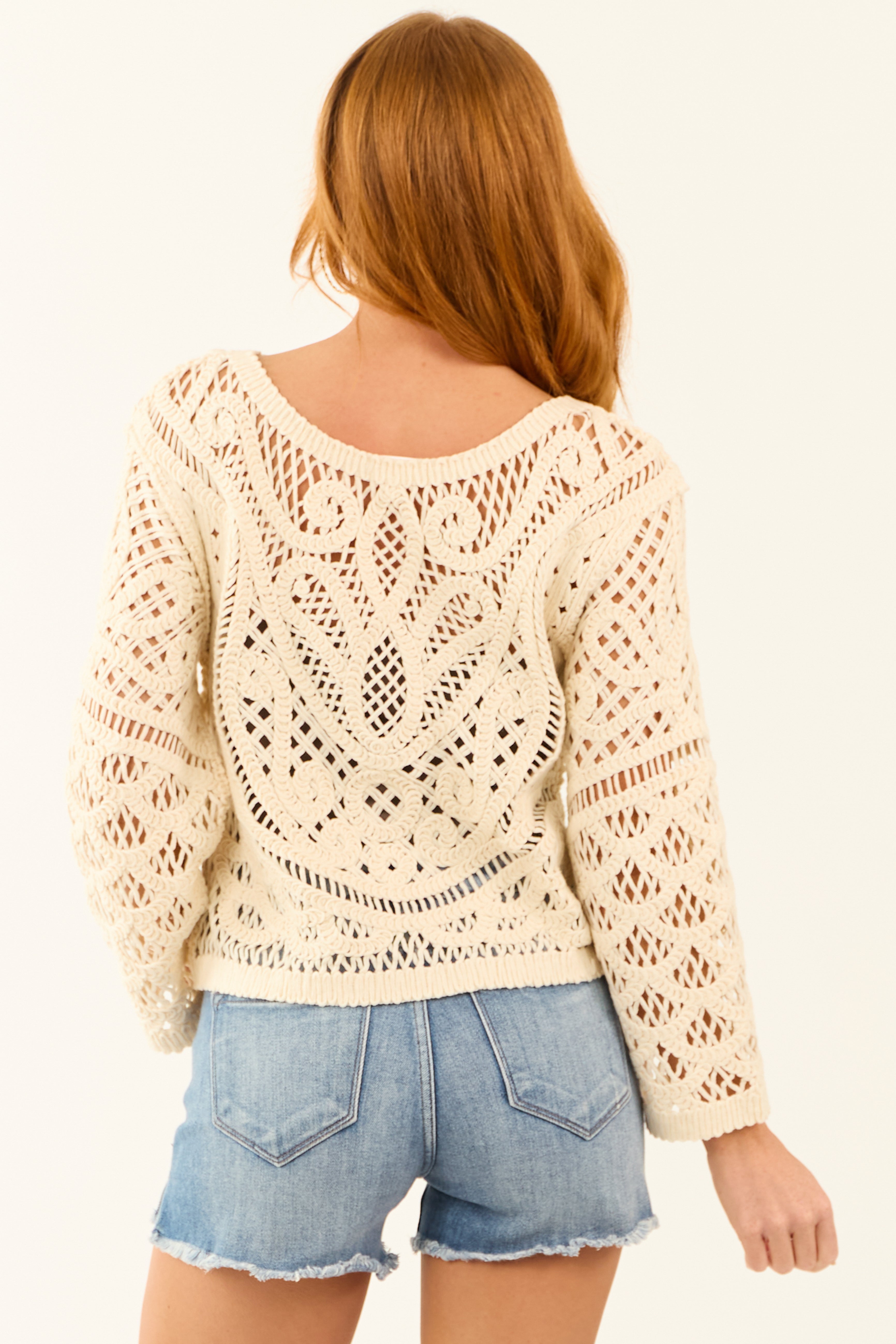 Cream Sheer Crochet Lace Long Sleeve Top