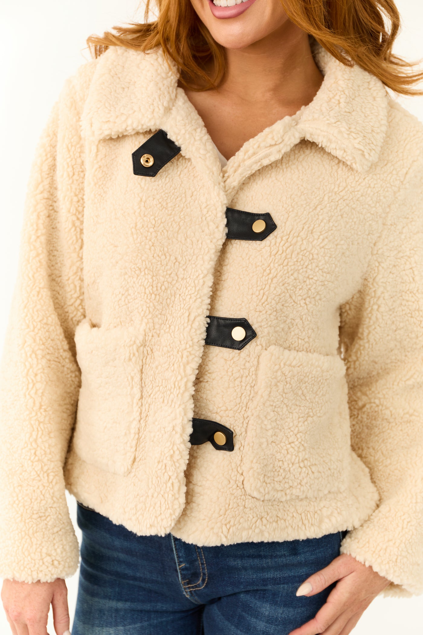 Cream Sherpa Long Sleeve Button Down Jacket