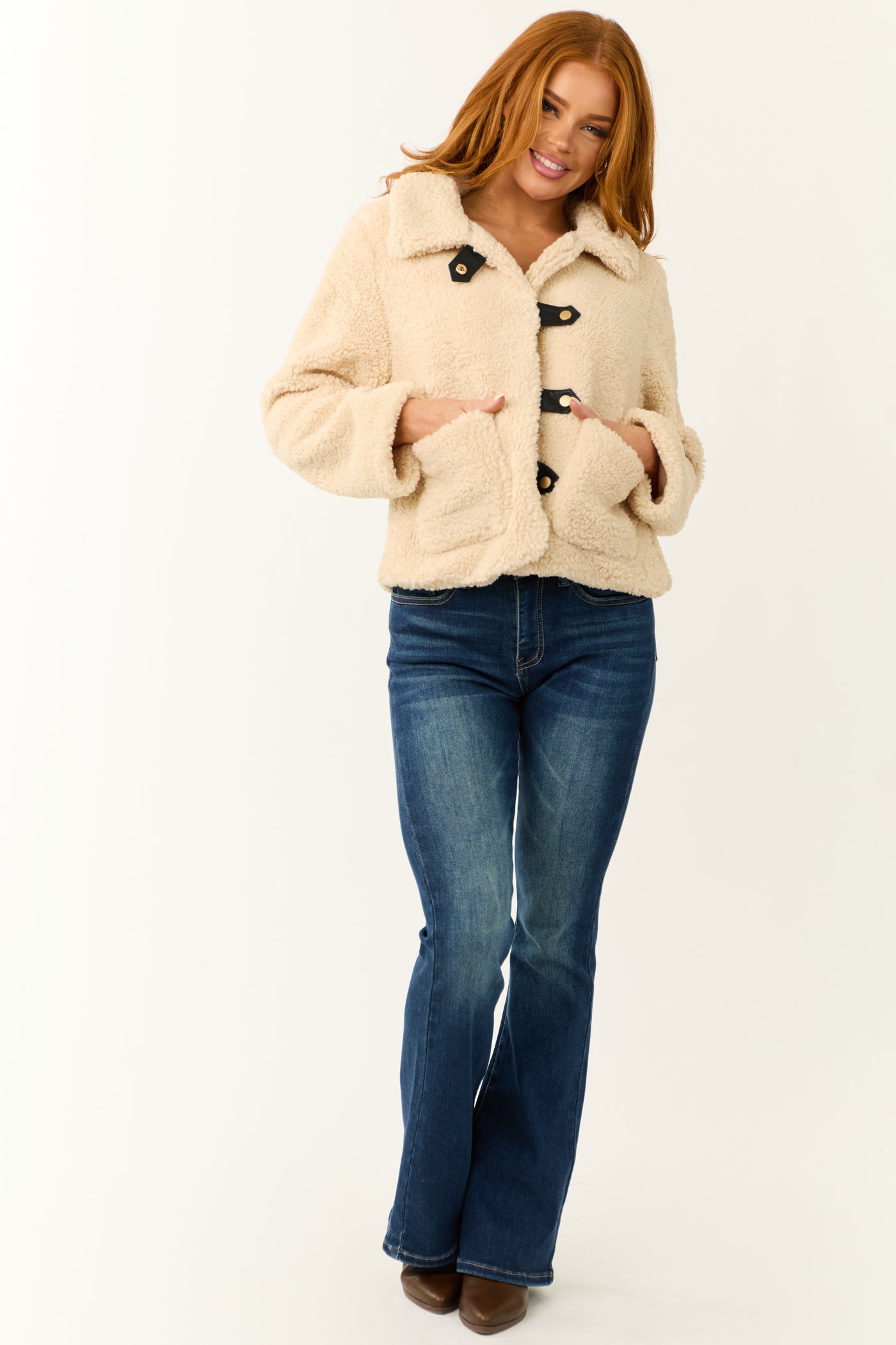 Cream Sherpa Long Sleeve Button Down Jacket