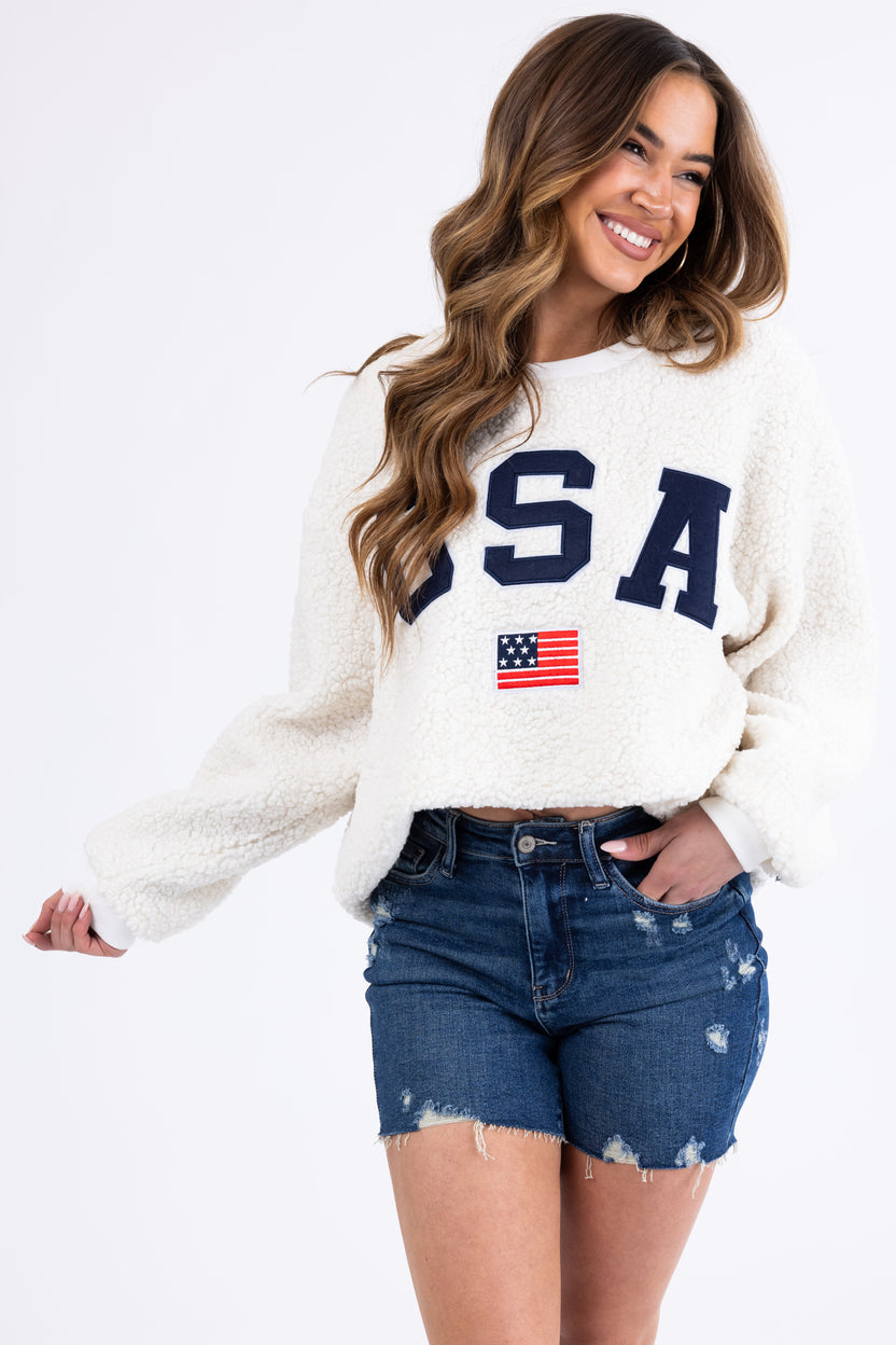 Cream Sherpa 'USA' Embroidered Pullover