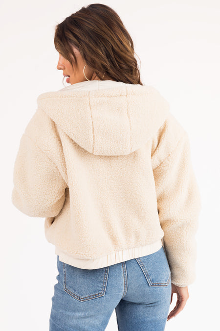 Cream Sherpa Zipper Hooded Jacket